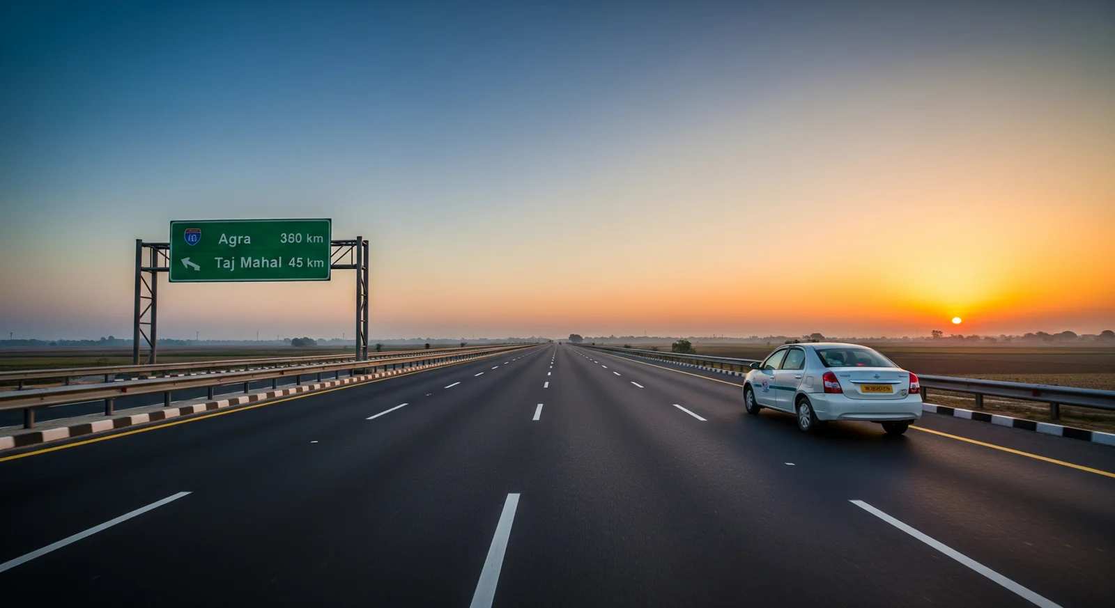 Private car on Yamuna Expressway during Taj Mahal tour from Delhi
